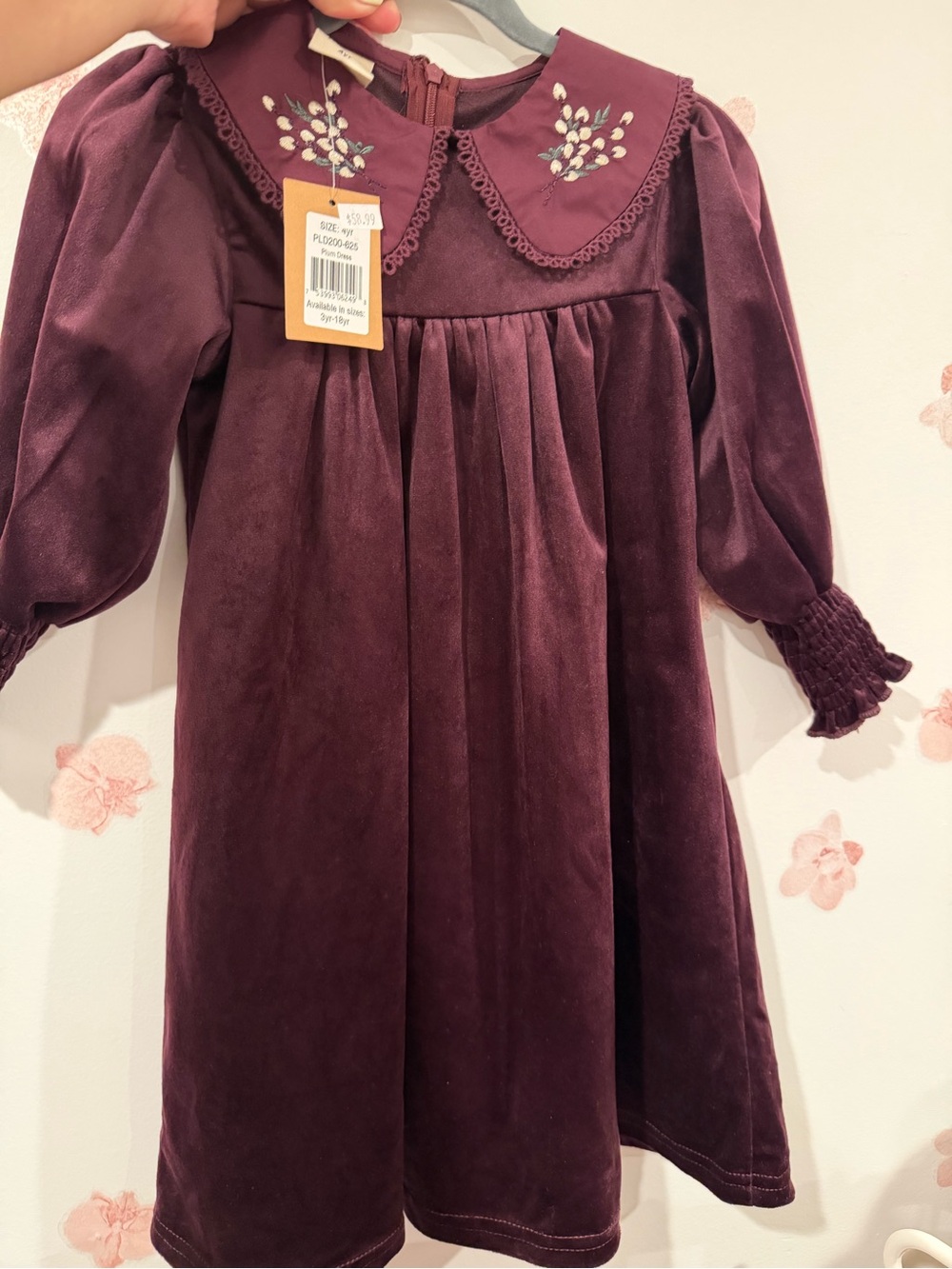 Girls' Velvet Long-Sleeve Dress with Embroidered Collar - Plum
